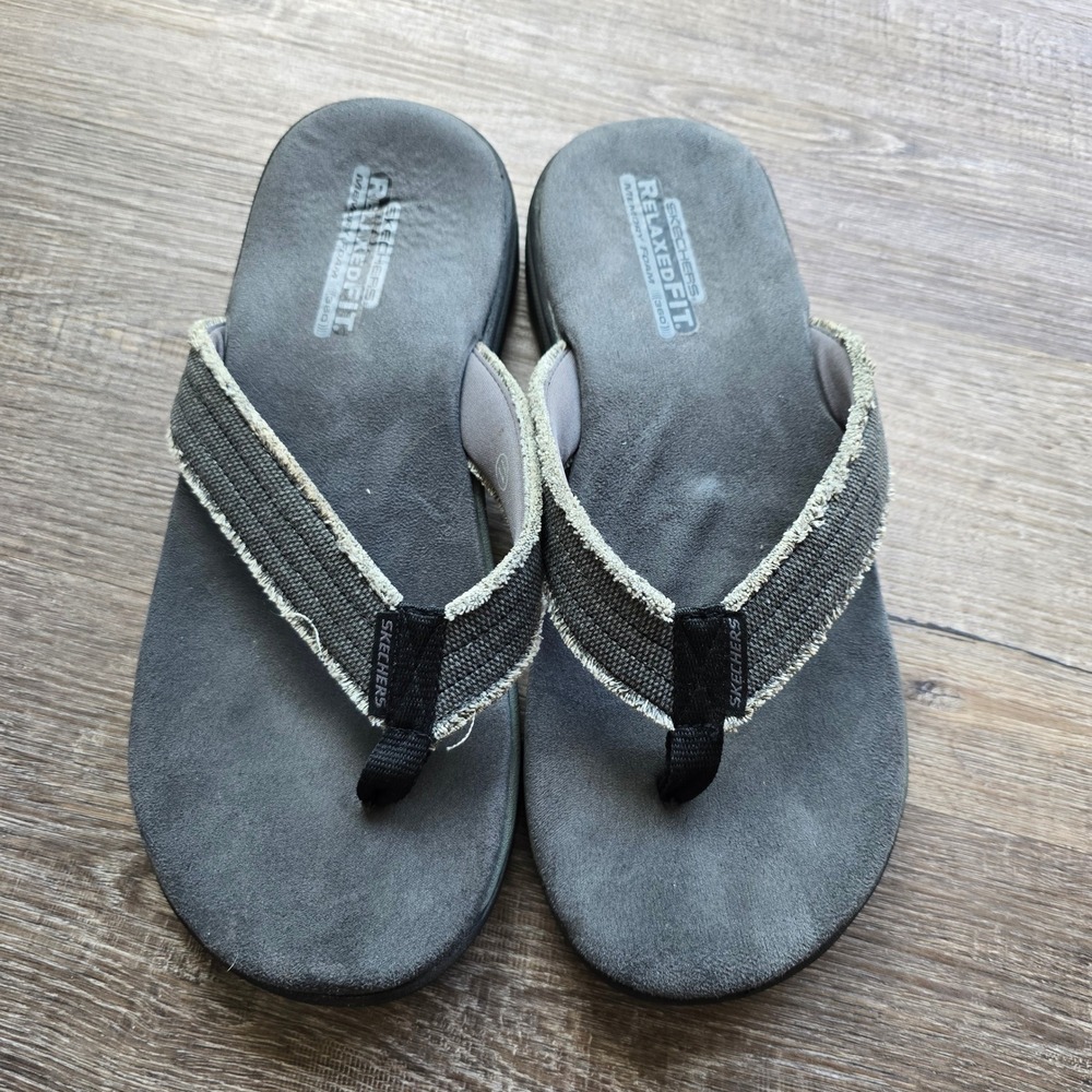 Skechers Relaxed Fit 360 Flip Flop Sandals 11 Gray Canvas Memory Foam Frayed - Picture 3 of 11